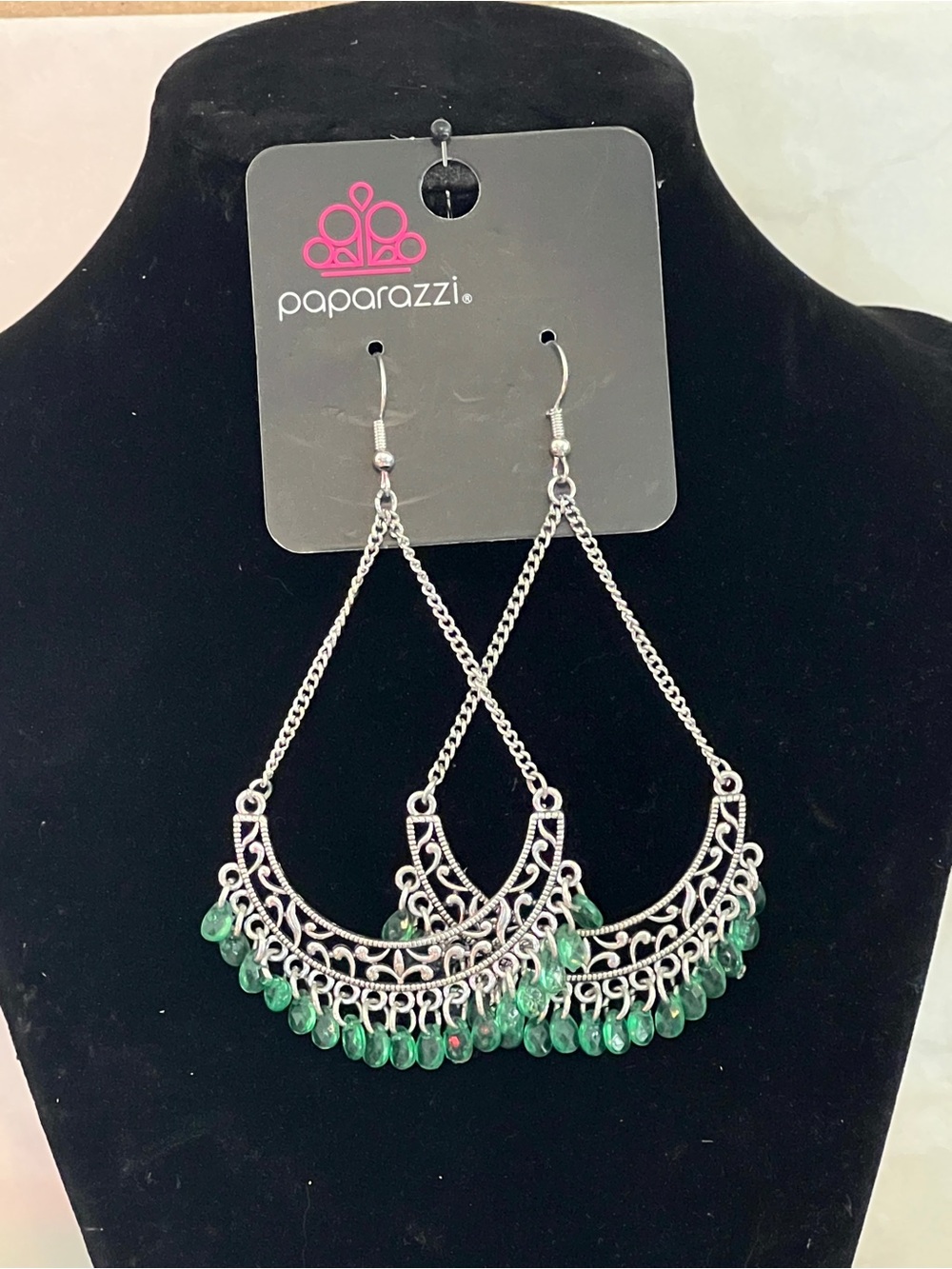 Paparazzi Silver-Tone Filigree Chandelier Earrings with Green Beads